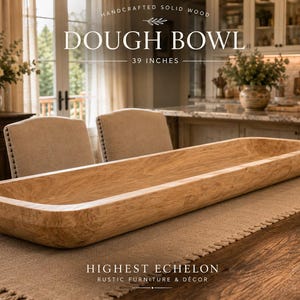May include: A long, rectangular, handcrafted solid wood dough bowl measuring 39 inches in length. The bowl features a natural light brown wood grain finish with a smooth, carved interior and rounded edges, positioned horizontally on a table.