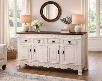 White Pearl | Hand Carved Rustic Buffet – Solid Wood Farmhouse Sideboard Cabinet, 60"