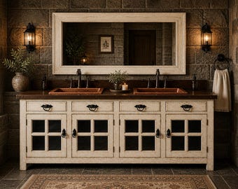 Custom Handcrafted Modern Luxury Rustic Wood Farmhouse Vanity Set –Handmade 72” Cabinet + Double Copper Sinks + 60” Matching Mirror