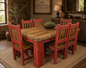 Luxury 72"in. Rustic Wood Dining Set | Hacienda Kitchen Table And Chairs | Custom Handmade 7 Piece Farmhouse Dining Set - Red-Washed Finish