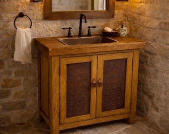 36" Rustic Farmhouse Bathroom Vanity – Solid Wood, Copper Sink, Southwestern Cabinet