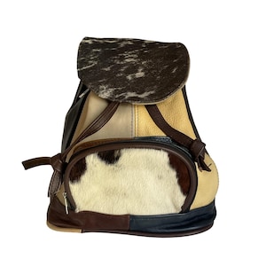 Vintage Mexican Leather Cowhide Backpack Hair On Hide Patchwork Boho Artisan Mini Backpack Festival Western Bag