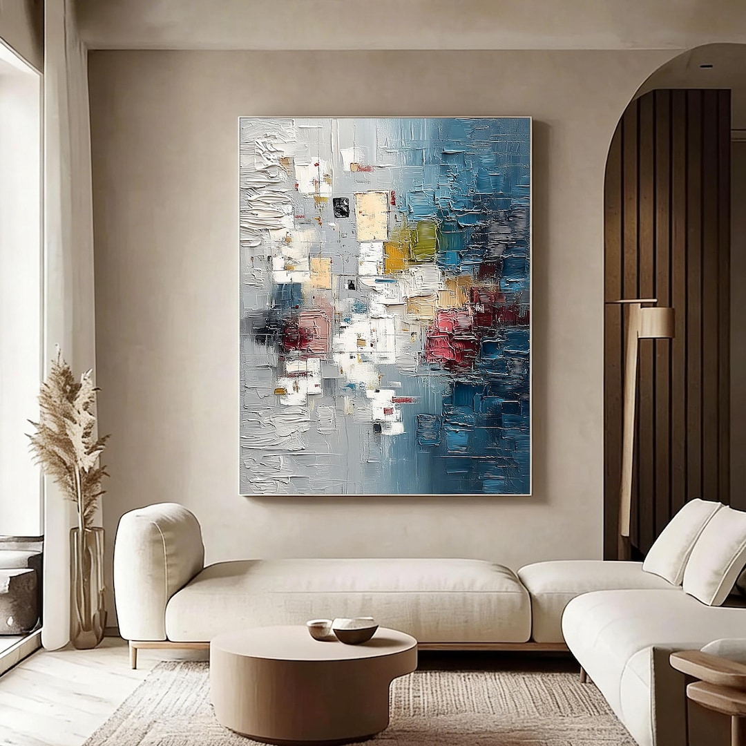 Abstract Expressionist Oil Painting, Vibrant Blue Yellow Red Color ...