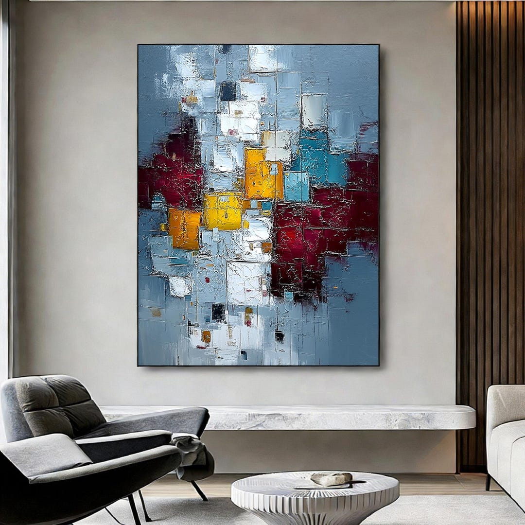 Dense Color Block Abstract Oil Painting, Thick Textured Squares in ...