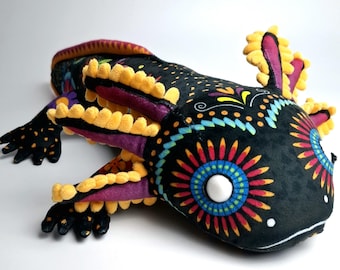 Handmade Dia de Muertos Axolotl Plush: Mexican Folk Art Stuffed Animal