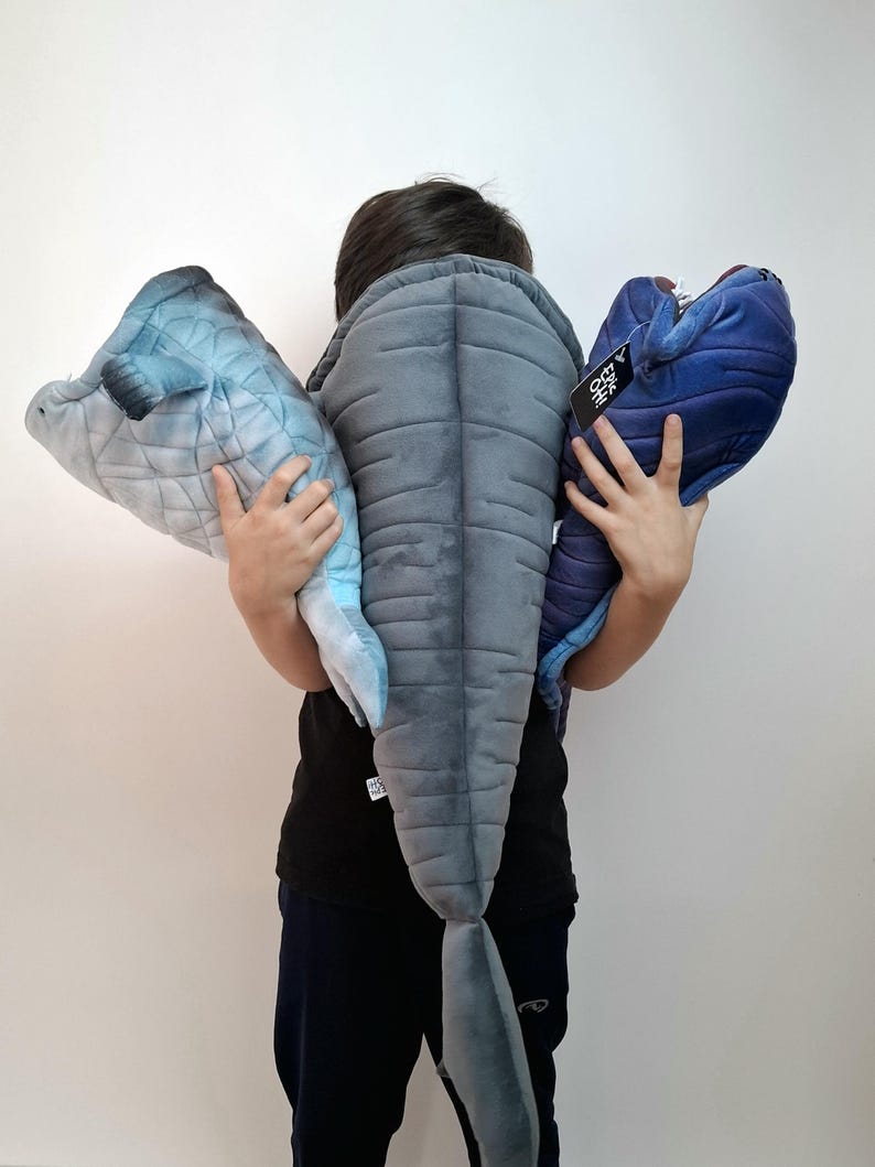 May include: A person holding three plush toy fish. The toys are in shades of blue and gray, with quilted and textured details. One toy has a tag that reads "A Epic Oh!". The toys are soft and cuddly.