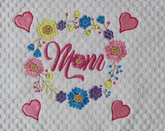 Embroidered Mother's Towel Measures 16 X 28 Flower Wreath with Hearts