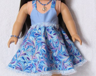 18 Inch Doll Blue and Metallic Gold Camisole Style Full Dress Handmade also has Lace Trim