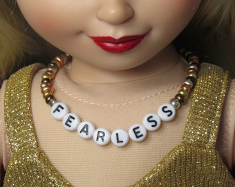18 Inch Doll Shades of Gold and Brown Beads and Lettering of Fearless Necklace Taylor Swift Eras Tour
