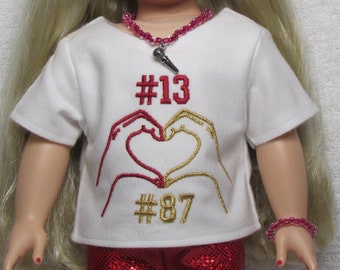 18 Inch Doll Embroidered Heart with Hands # 13 and # 87 Taylor Swift On White Fabric