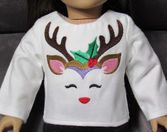 18 Inch Doll Embroidered Reindeer Face on Long Sleeve White Flannel Top Handmade