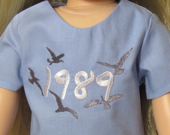 18 Inch Doll Embroidered 1989 with Birds on Blue Cotton Tee Shirt Taylor Swift Ears