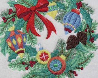 Embroidered Christmas Wreath on a Plush 16X28 Towel