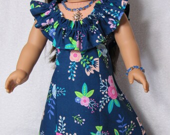 18 Inch Doll Colorful Flowers on Dark Blue Fabric. Hawaiian Luau Style Dress with Long Train Handmade Lots of Ruffles