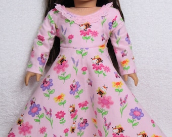 18 Inch Doll Light Pink Print Flair Flannel with Lace Nightgown Velcro Back Closure Handmade