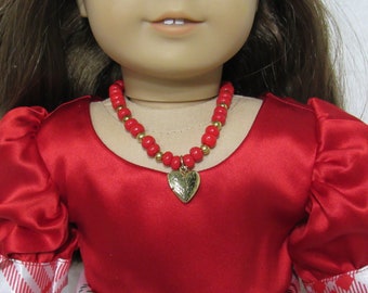 18 Inch Doll Red with Gold Beads Necklace and Matching Bracelet with Gold Heart Locket