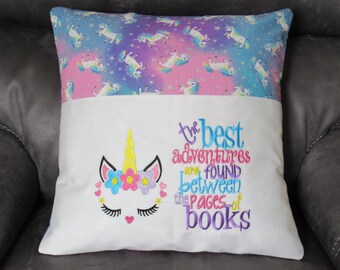 Embroidered Book Pillow Cover with Unicorn Face and Saying Fit 18 X 18 Inch Pillow