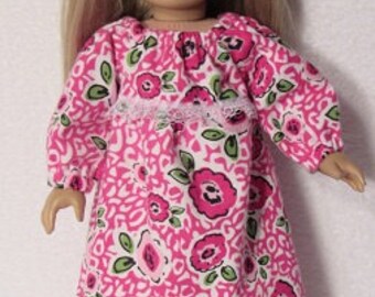 18 Inch Doll Bright Pink Flower Print Flannel Peasant Umpire Style Nightgown