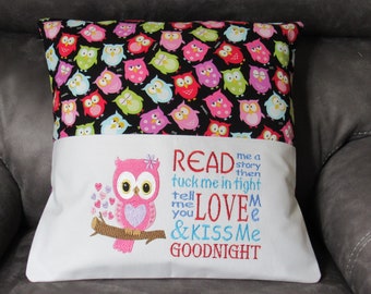 Embroidered Book Pillow Cover with Pink Owl and Read Me a Story Saying Fits 18X18 Inch Pillow