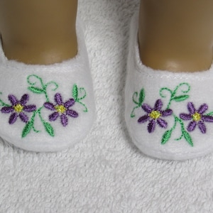 18 Inch Doll Dark Purple Embroidered Daisy Flowers on White Fleece Slippers