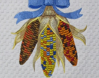 Embroidered Towel Corn Husk with Blue Ribbon Towel Measures 16 X 28