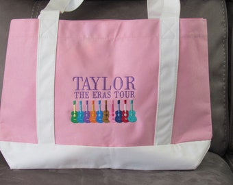 Embroidered Taylor with Guitars in Many Colors on a Pink Canvas Tote Bag with Pocket