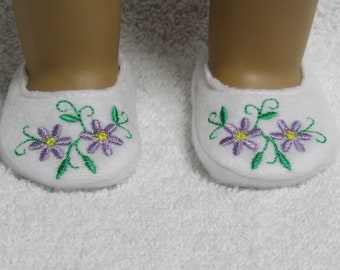 18 Inch Doll Lavender Light Purple Embroidered Flower on White Fleece Slipper