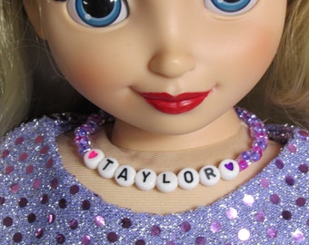 18 Inch Doll Pink and Purple Glass Beads with Letter Beads TAYLOR and Hearts Strung on Elastic Handmade