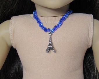 18 Inch Doll Purple/Blue Glass Beads with Silver Eifel Tower Pendent With Matching Bracelet