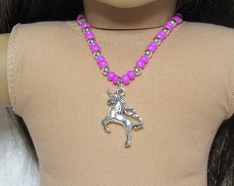 18 Inch Doll Pink Beads with Silver Unicorn Pendant