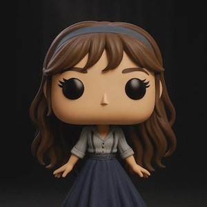 May include: A Funko Pop vinyl figure of a female character with brown hair, a blue headband, and a gray shirt with a blue skirt. The figure is standing on a gray circular base against a dark background.