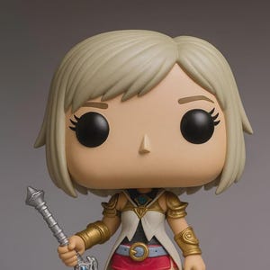 Puede incluir: Figura de vinilo Funko Pop de un personaje femenino con cabello rubio, ojos negros y una espada. Viste un atuendo blanco y dorado con una falda roja y detalles azules. La figura mide aproximadamente 10 cm de altura.