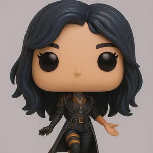 May include: A vinyl figure of a character with dark blue hair and large black eyes. The figure is dressed in a black outfit with gold accents, a long coat, and bare feet. It stands on a black circular base.