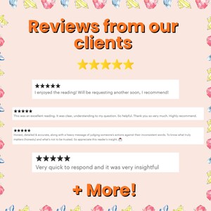 May include: A graphic featuring customer reviews with a five-star rating. The text reads "Reviews from our clients" in orange, with several positive testimonials below. The background is a light pink with gem and crystal illustrations.