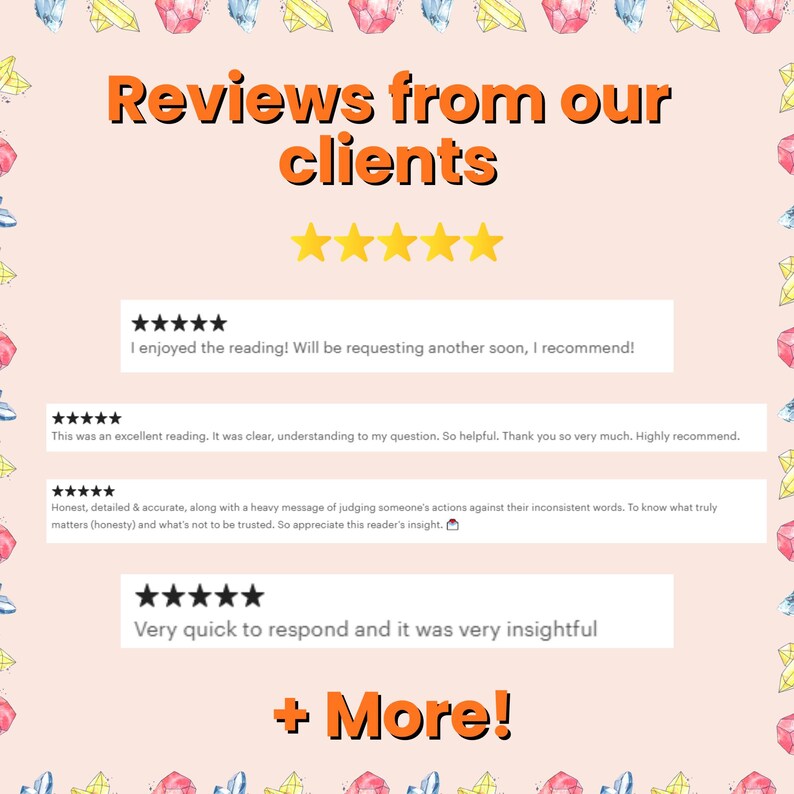 May include: A graphic featuring customer reviews with a five-star rating. The text reads "Reviews from our clients" in orange, with several positive testimonials below. The background is a light pink with gem and crystal illustrations.