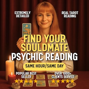 Puede incluir: Un anuncio de servicio de lectura psíquica con el texto FIND YOUR SOULDMATE PSYCHIC READING, EXTREMELY DETAILED, REAL TAROT READING, SAME HOUR/SAME DAY, POPULAR BEST SELLER y OVER 1000+ CLIENTS SERVED, junto a cartas de tarot y velas.