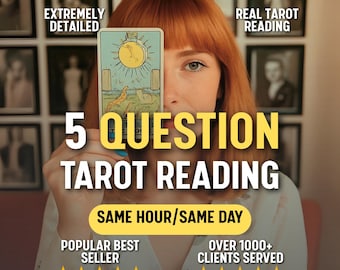 May include: A woman holding a tarot card in front of her face. The card features a yellow sun and a landscape. Text on the image reads "5 QUESTION TAROT READING", "SAME HOUR/SAME DAY", "POPULAR BEST SELLER", and "OVER 1000+ CLIENTS SERVED".