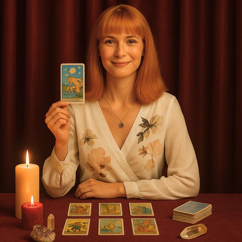 May include: A woman holding a tarot card with a blue and yellow design. Several tarot cards are laid out on a red table, along with lit candles and crystals. The woman is wearing a white blouse with floral accents.