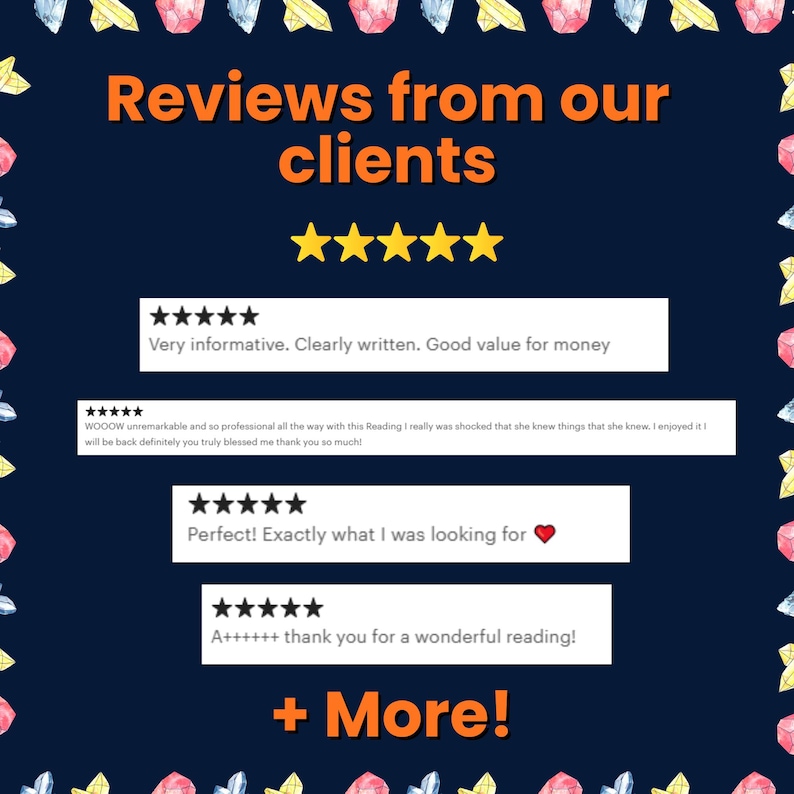 May include: Dark blue graphic with the text "Reviews from our clients" in orange. The image features five gold stars, followed by customer reviews with five-star ratings. The reviews are positive and include phrases like "Very informative" and "Perfect!"