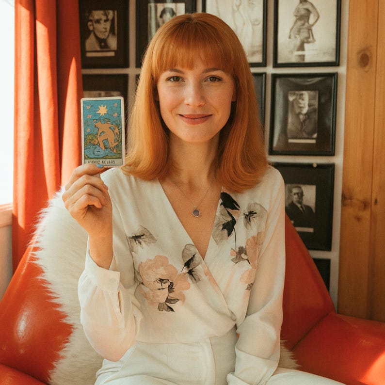 May include: A woman holding a tarot card with a bear and star illustration. She wears a white floral wrap top and a silver necklace. The background includes framed black and white portraits and a red chair.