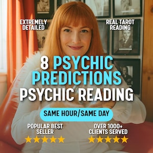 May include: Image promoting psychic readings. Text includes "8 Psychic Predictions Psychic Reading" and "Same Hour/Same Day." Additional text states "Popular Best Seller" and "Over 1000+ Clients Served." The image features a woman with red hair.