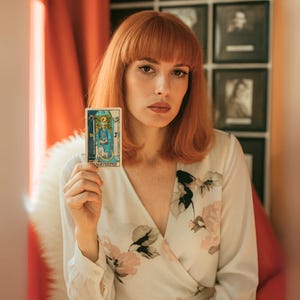 May include: A woman holding a tarot card labeled "The High Priestess." The card features a blue-robed figure with a golden crown. The woman wears a white floral print dress and has red hair.