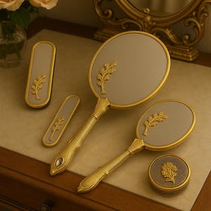 May include: A gold-finished vanity set comprising two oval hand mirrors, a small round container, and two rectangular items. Each piece features a gold leaf design and a light grey centre. The set is displayed on a wooden surface.