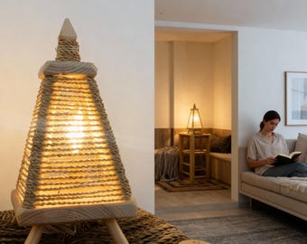 Sänglampa i naturligt rep – Boho handgjord lampa för vardagsrum eller sovrum – Handgjord i Marocko