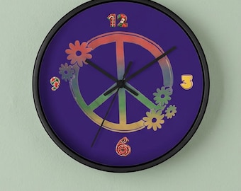 Hippie Peace Sign Floral Wall Clock | Retro Hippie Wall Clock | Boho Home Decor | Colorful Peace Symbol Clock | Flower Wall Clock