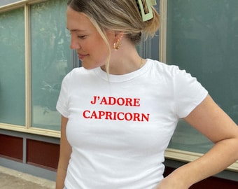 Camiseta "J'adore Capricornio", camiseta con el signo zodiacal Capricornio, camiseta con gráfico astrológico, camiseta con cita en francés, regalo de la temporada de Capricornio para mujer