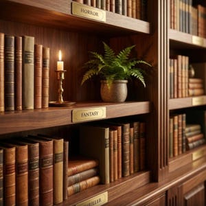 Gravierte Bücherregalaufkleber aus Metall | Gold Ton oder Silber Ton Bibliothek Tags Bild 2