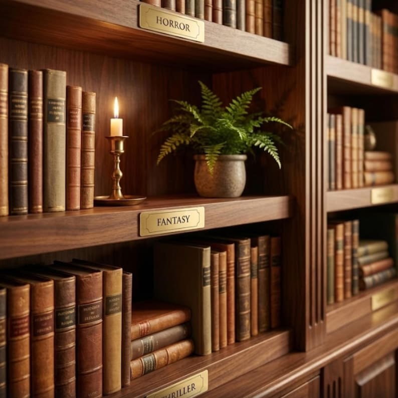 Gravierte Bücherregalaufkleber aus Metall | Gold Ton oder Silber Ton Bibliothek Tags Bild 2