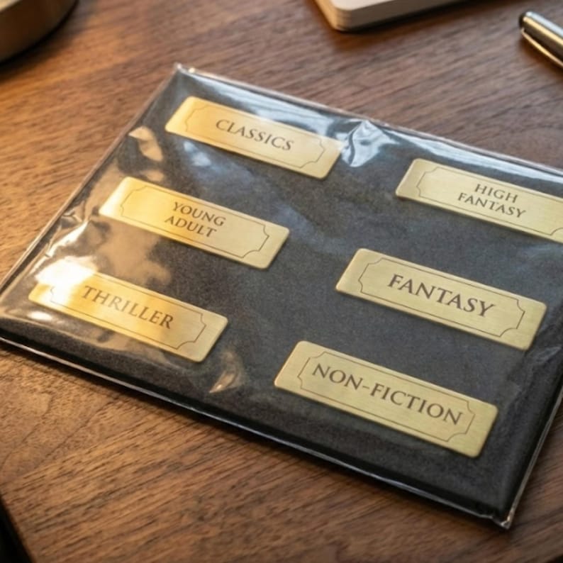 Gravierte Bücherregalaufkleber aus Metall | Gold Ton oder Silber Ton Bibliothek Tags Bild 9