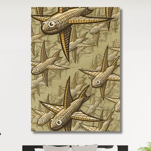 May include: A large canvas print depicting a repeating pattern of stylized fish with wing-like fins. The fish are brown and gold against a muted green backdrop. The artwork is displayed above a bed in a bedroom setting.